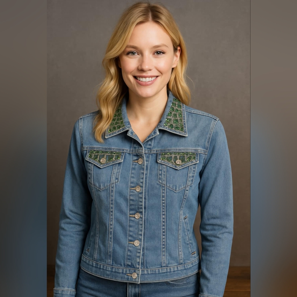 Christine Alexander Blue Jean Jacket with Green Embellishments Size SMALL